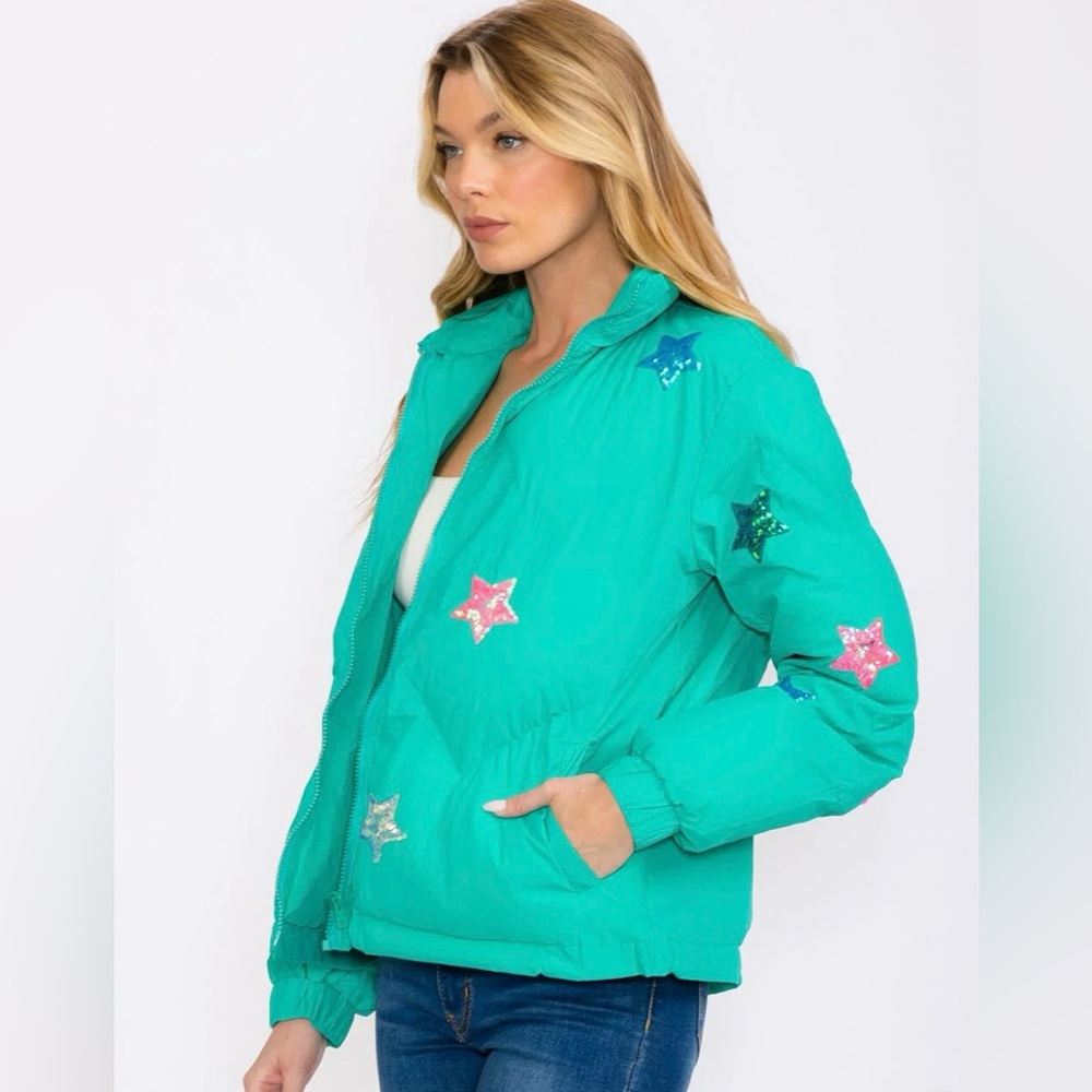 Teal Green Star Sequins Zip Up Puffer Jacket - Picture 4 of 13